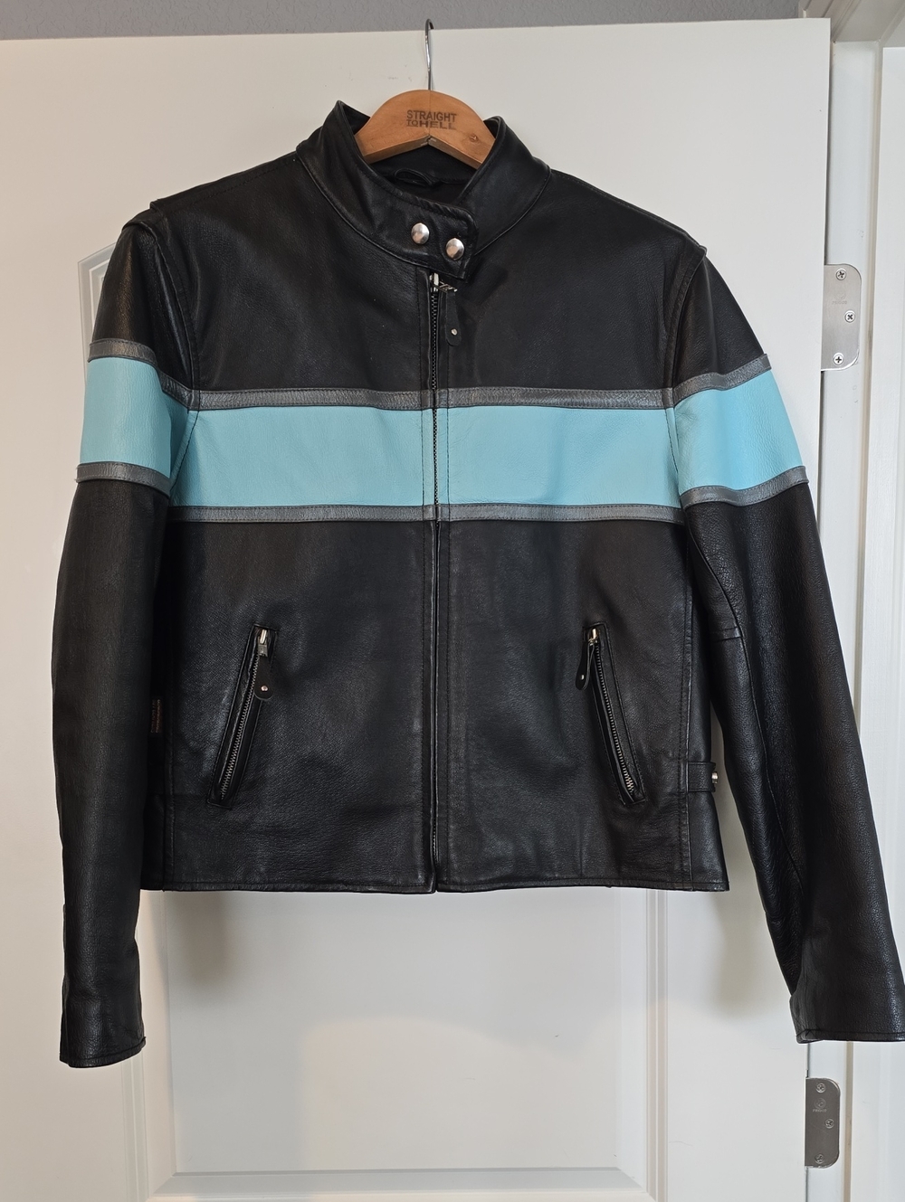 Hot Leathers Women’s Black Leather Jacket with Light Blue Stripe Sz L